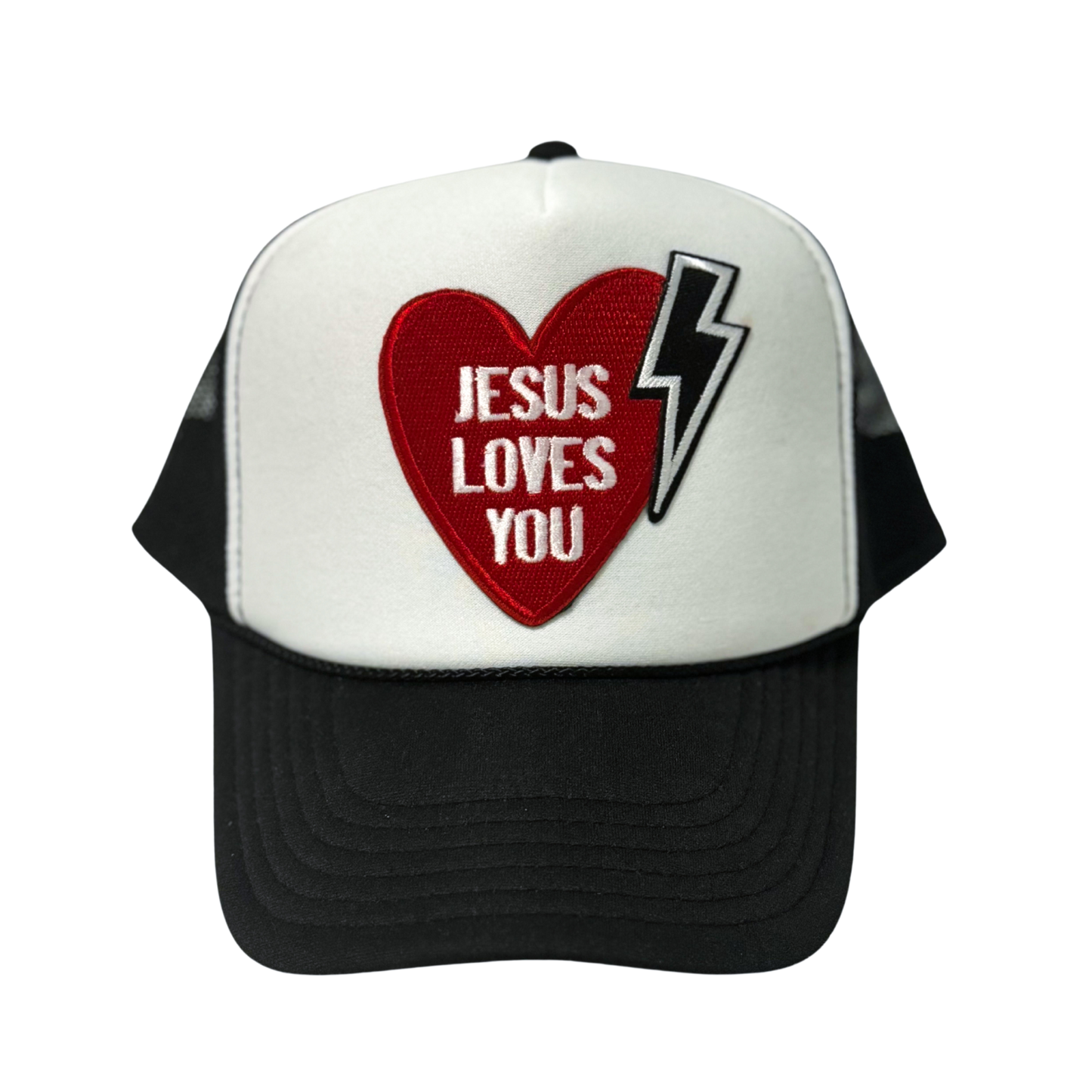 Black with White Front Jesus Loves You with Lightening Bolt Trucker