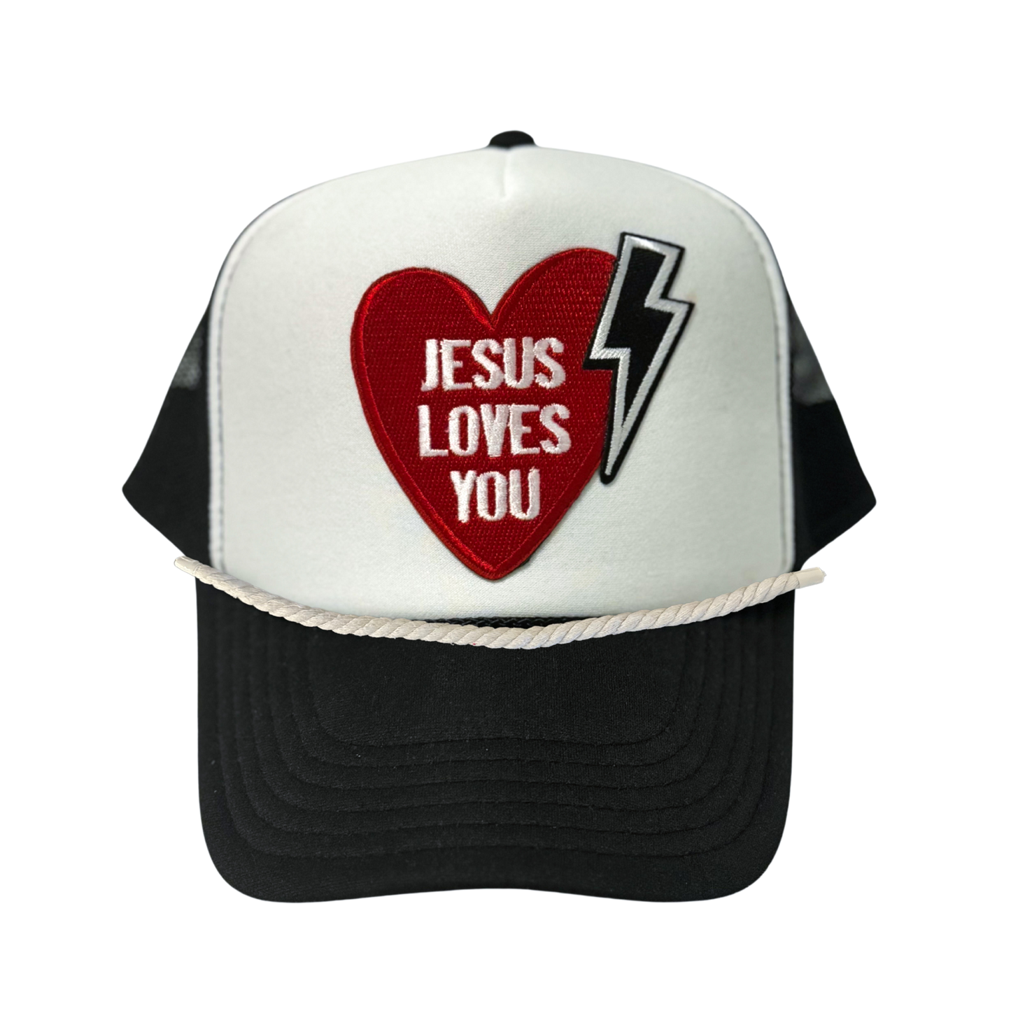 Black with White Front Jesus Loves You with Lightening Bolt Trucker