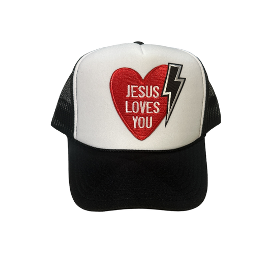 Black + White Jesus Loves You Lightening Trucker