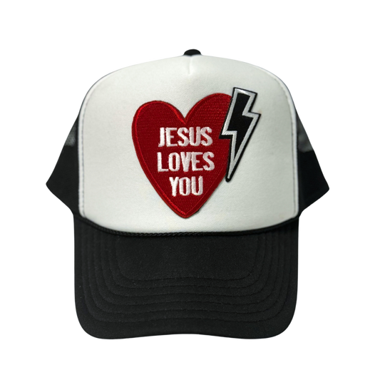 Black with White Front Jesus Loves You with Lightening Bolt Trucker