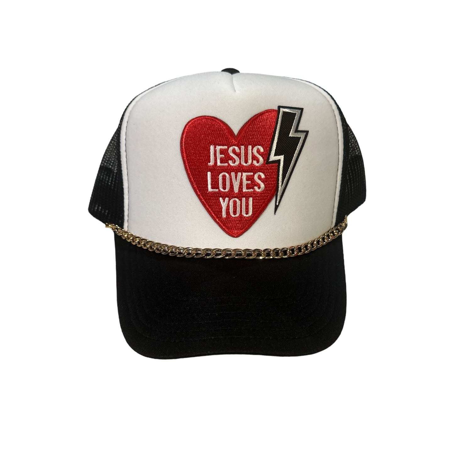 Black + White Jesus Loves You Lightening Trucker