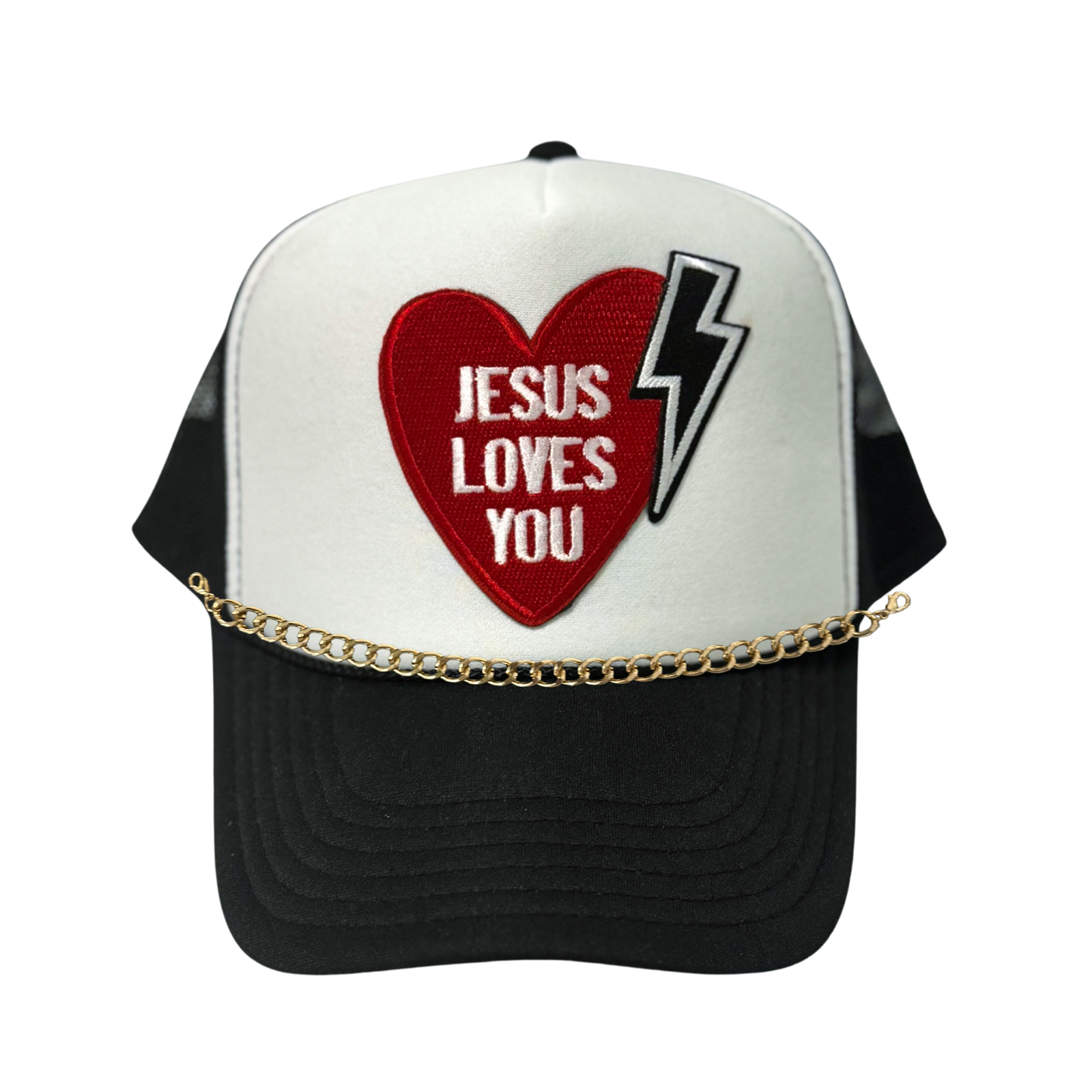 Black with White Front Jesus Loves You with Lightening Bolt Trucker