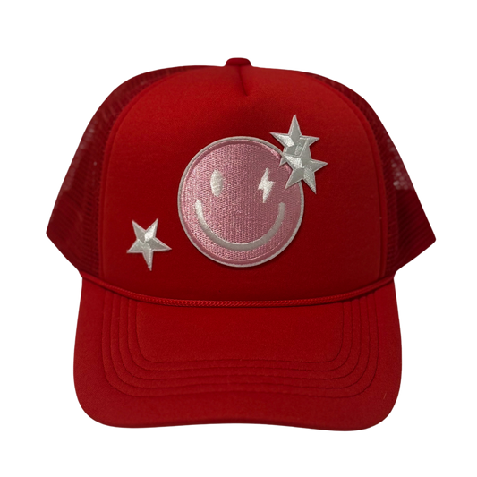 Red with Smiley and White Stars Trucker