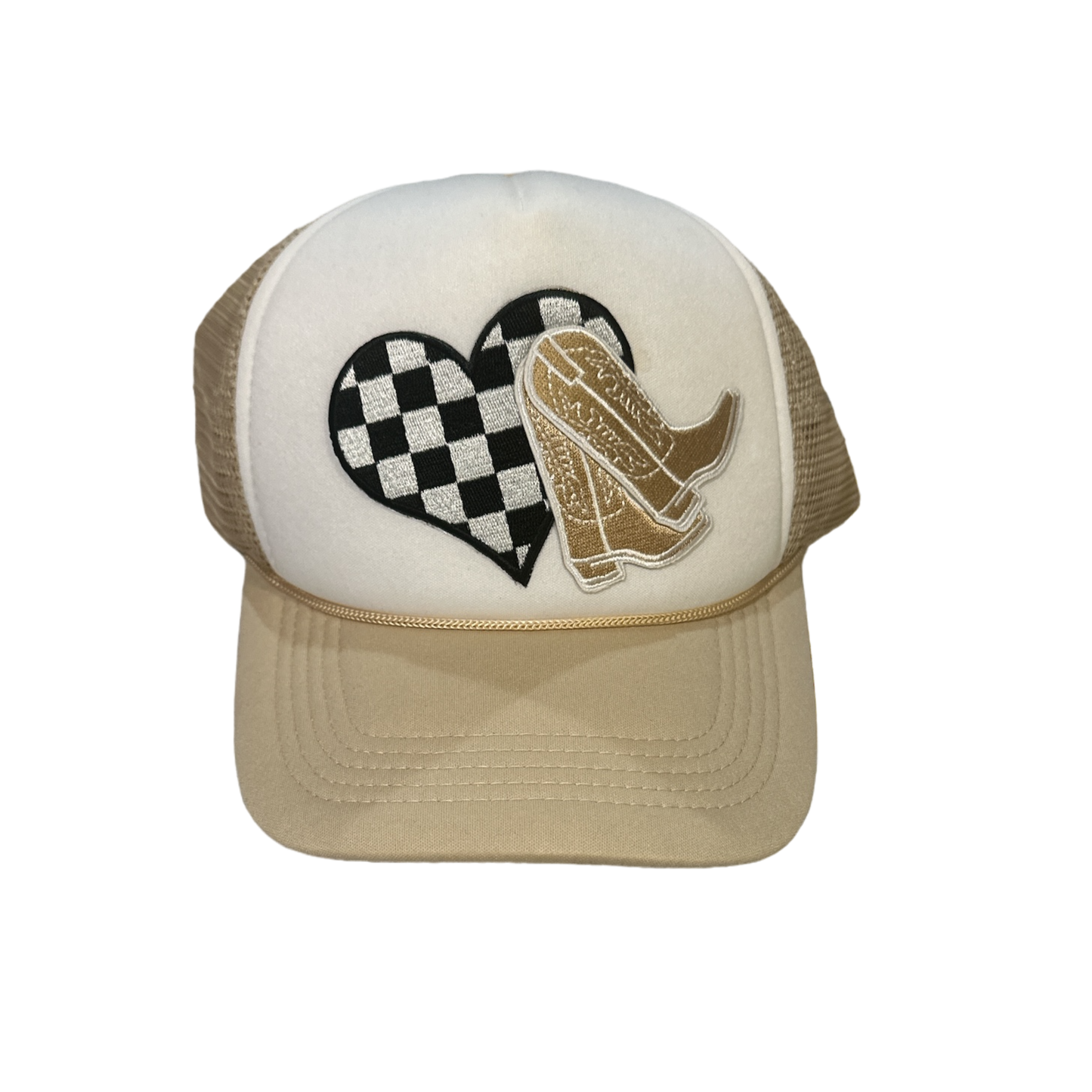 Tan + White Checkered Boots Trucker