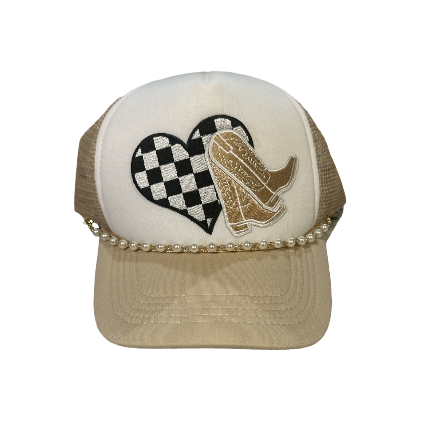 Tan + White Checkered Boots Trucker